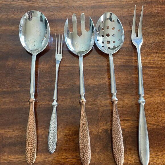 Chefs 5 Pcs. Utensil Serving Set Copper & Silver Dimple Bottom Handle! - Picture 1 of 6